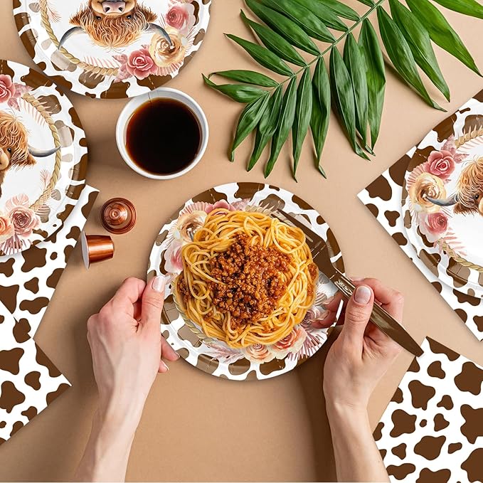 48pcs Highland Cow Party Decoration Set,16 Dessert plate,16 Napkin And 16 Fork,16 persons Highland Cow Baby Shower Disposable tableware,Used Holy Cow Baby Boy Birthday Party Supplies