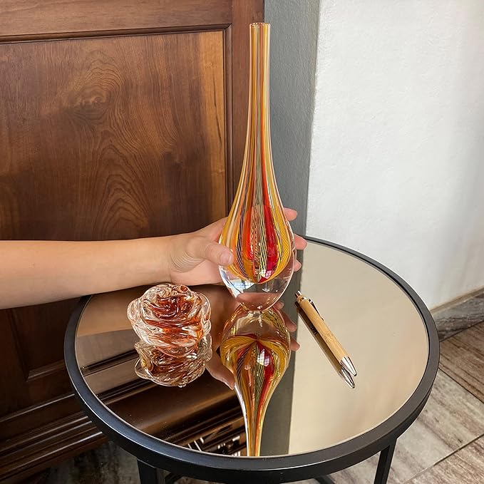 Ca D Oro Small Drop Glass Vase Boho with Red/Yellow Canes Hand Blown Murano-Style Art Glass - Model Tall
