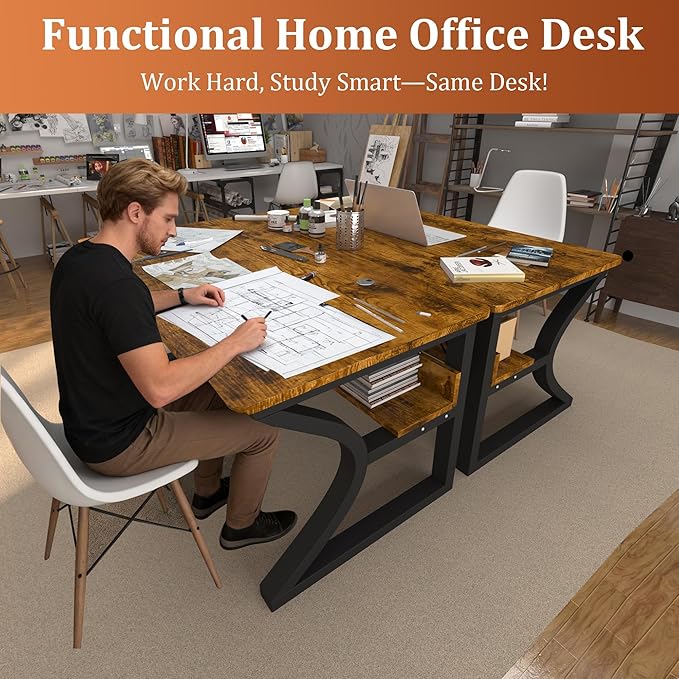 AZN Computer Desk, 47'' Computer Desk, Home Office Desks w/Storage, Home Office Desks w/U-Size Metal Frame for Home Office Bedroom, Study Writing Work Table w/Water-Resistant, Scratchproof Surface