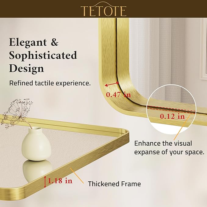 TETOTE Brushed Gold Bathroom Mirror, 24 x 36 Inch Metal Framed Mirror, Brushed Brass Rectangle Wall Mounted Golden Vanity Mirror (Horizontal/Vertical)
