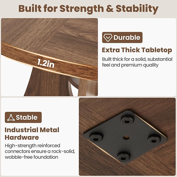 47" Round Dining Table for 4-6, Space-Saving Dining Room Table with Thick Tabletop and Sculptural Base, Wood Grain Dinner Table with Storage Shelf for Kitchen, Dining Room, Living Room, Walnut