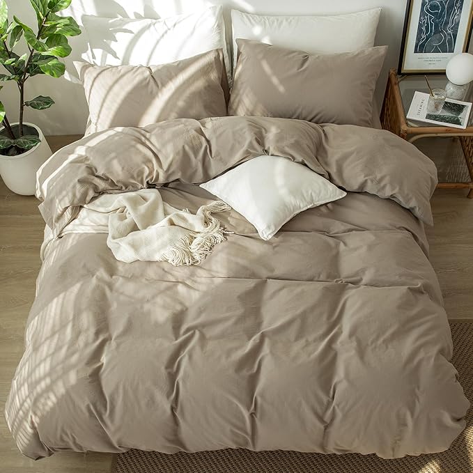 MooMee Bedding Duvet Cover Set 100% Washed Cotton Linen Like Textured Breathable Durable Soft Comfy (Solid Light Camel, Super King Plus 120"x120")