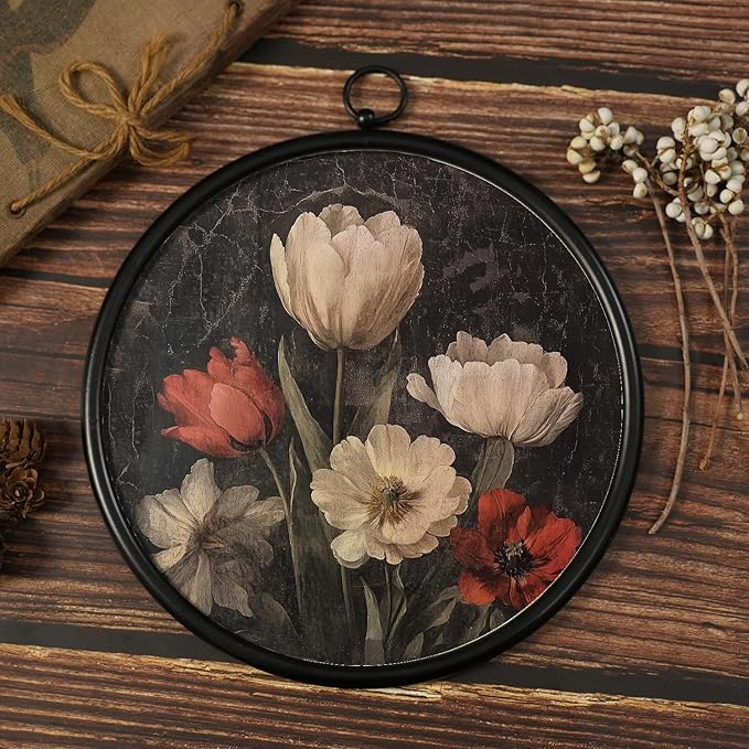 XIAOAIKA Round Vintage Wall Hanging Decor, Printed Textured Surface with Wood Back, Red and White Tulips Design, Black Metal Frame, Ready to Hang for Living Room Bedroom, 10 Inch