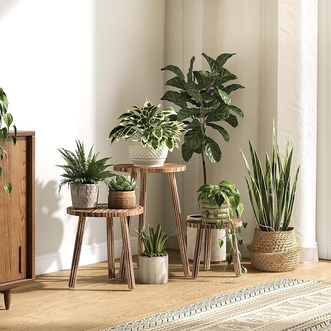 Uneedem Plant Stand Indoor - 3-Pack Taller Single Wood Plant Stand for 6-12 Inch Pots, Mid-Century Modern Plants Stool for Large Plants, Small Round Wooden Planter Table for Living Room, Balcony