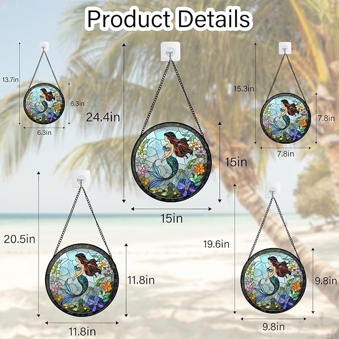 Stained Glass Window Hanging - Light Blue Mermaid Suncatcher for Door Terrace Garden Home Decor, Ocean Flowers Sun Catcher Birthday Gifts for Lovers Women Men Dad Mom Nana 9.8 in