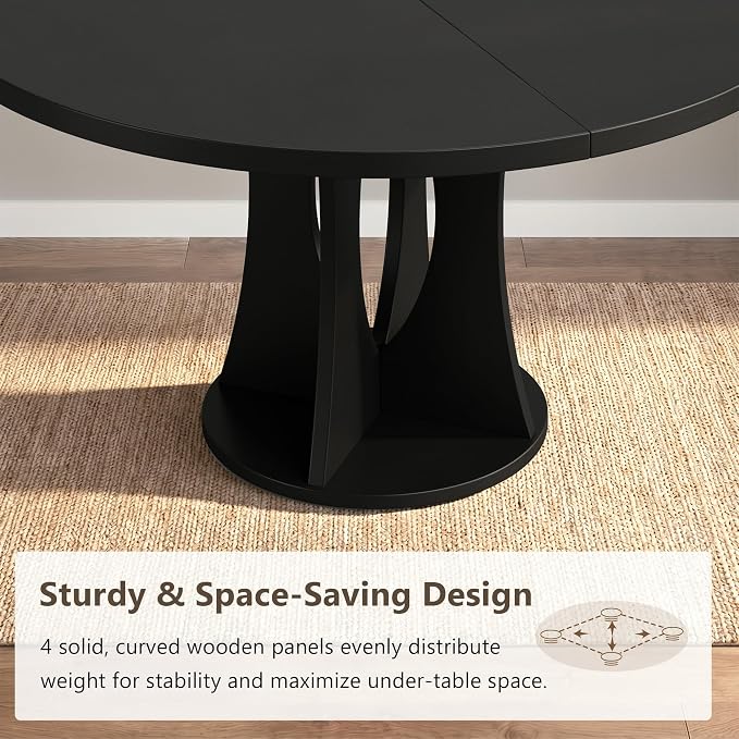 Einhomn 43-59" Extendable Round Dining Table, Kitchen Table for 4-8, Farmhouse Circle Dining Room Table with Removable Leaves,Hidden Storage, Space Saving Wood Kitchen & Dining Room Furniture, Black