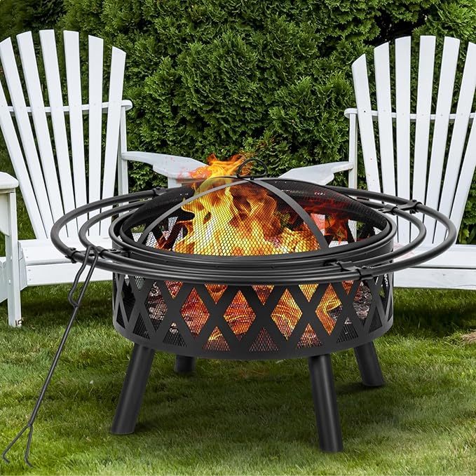 EcoNook 36 Inch Wood Burning Fire Pit with 2 Loops, Outdoor Fire Pit with Spark Screen & Fire Poker, Cross Weave Firepit for Outside Fireplace Bonfire for Yard,Patio, Garden