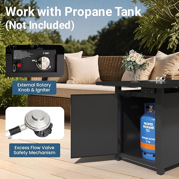 FansaFurn 43'' Propane Fire Pit Table, 50000 BTU Gas Fire Pits Table with Removable Lid and Lava Rock, Rectangular Fire Table with Cover, Ideal for Dining or Party on Patio, Garden, Yard, Black