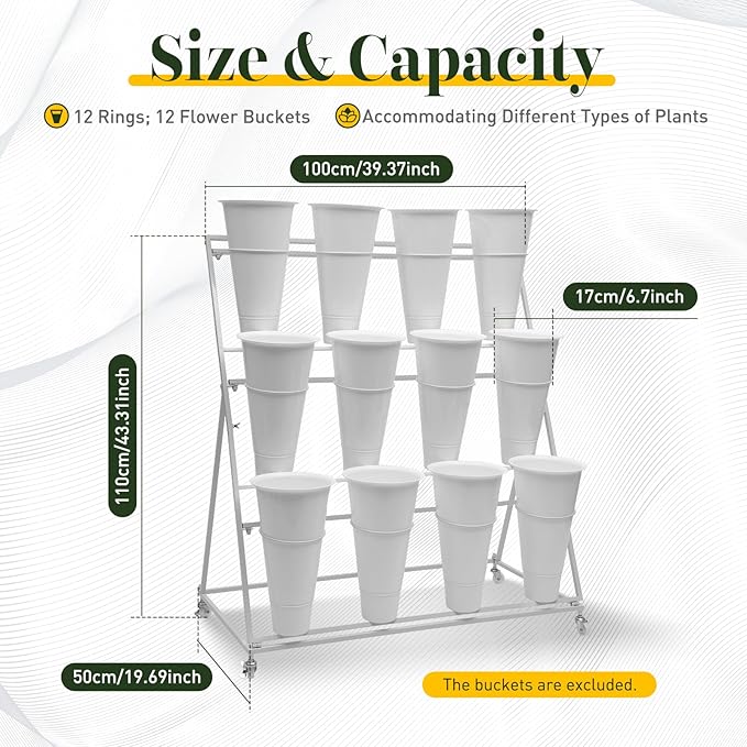 3 Layers Movable Flower Display Stand Metal Plant Stand with 12Pcs Buckets Moving Florist Bouquet Shelf Flower Holder Organizer Rack for Patio Garden Living Room Florist,White