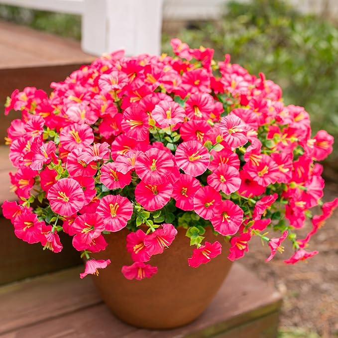 Fake Plants Artificial Flowers for Outdoor Outside Decor, 12 Bundles Faux Flowers Silk Hot Pink Morning Glory with Eucalyptus Look Real UV Resistant Faux Greenery for Planter Front Door Porch Patio
