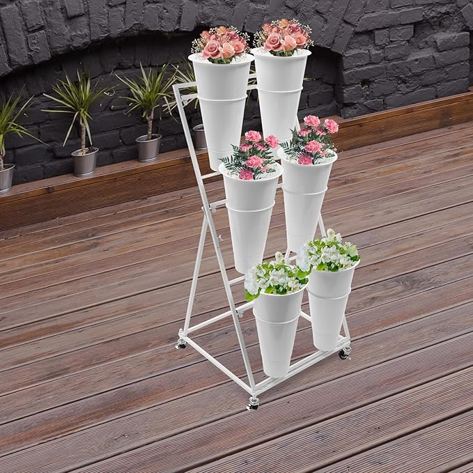 DYRABREST Flower Display Stand with Buckets, 3 Layers Metal Plant Stand with 6 Pieces Buckets, Moving Florist Bouquet Shelf for Fresh Flower Shop, for Patio Garden, Outdoor Flower Pop-Up Events