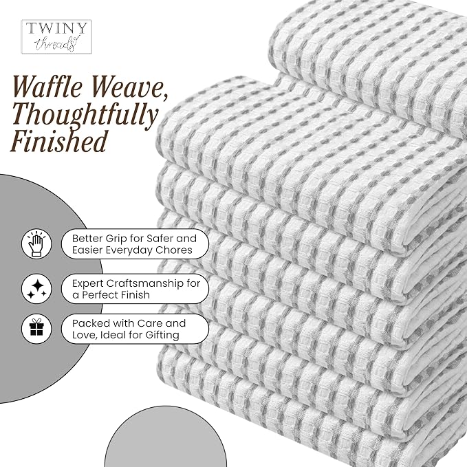 TWINY threads Waffle Kitchen Dish Towels Pack of 4, 100% Cotton 16"x26" Dishcloths Set, Soft, Durable & Highly Absorbent Waffle Weave Tea Towels for Everyday Kitchen Use, Light Grey, White