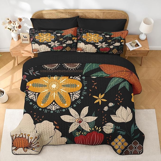 Quilt Set Twin Size, Black Tropical Floral 2 Pcs Soft Bed Cover Bedding Set, Farmhouse Botanical Lightweight Bedspread Coverlet with Pillow Sham for All Season