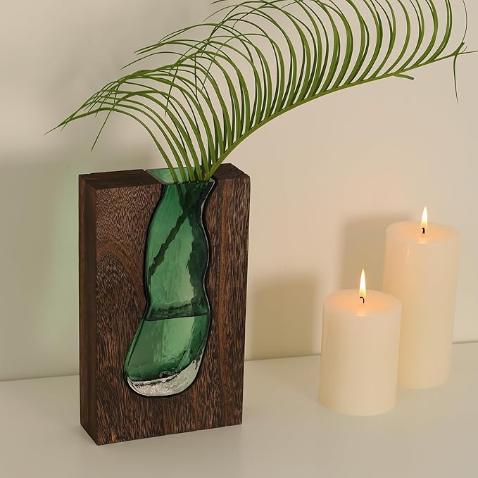 Wood and Glass Inlay Vases Farmhouse Wooden Glass Flower Vase Solid Wood Glass Vase Home Decor Vases for Centerpiece (9.45 Inches)