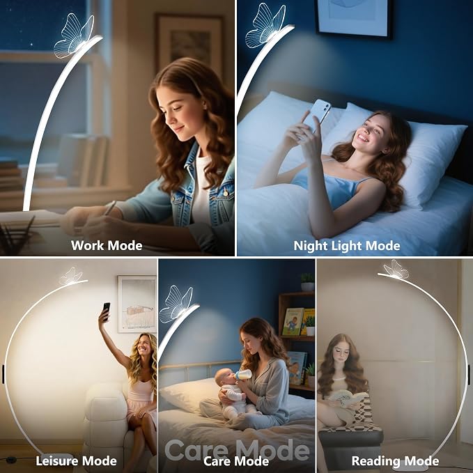 Arched Floor Lamp with Butterfly Design, Adjustable Brightness up to 2000 Lumens, Remote & Pedal Control, 3 Light Settings Standing Lamp for Living Room, Bedroom, Office (White)