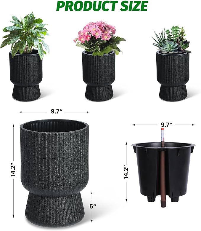 14.2" Tall Planters Set of 2, Plant Pots, Self Watering Pots for Indoor Plants, Flower Pots with Built-in Drainage and a Water Level Monitor, for Patio, Porch, Living Room, or Office, Black