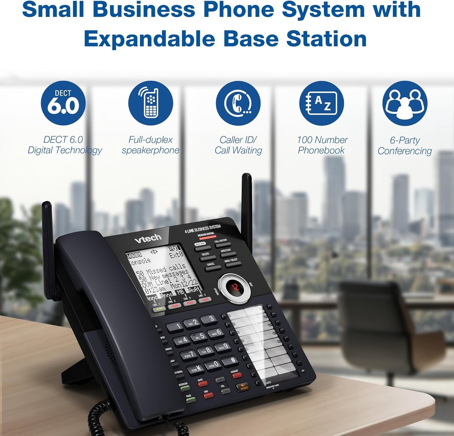 VTech AM18447 4-Line Small Business Phone System - Expandable to 10 Stations, Digital Answering Machine & Intercom, Black