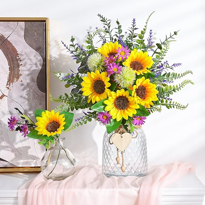 MARTINE MALL Fake Flowers in Vase, Sunflowers Artificial Flowers, Faux Flowers in Vase Centerpiece Table Decorations Silk Sunflower Bouquet Table Centerpieces for Dining Room Coffee Table Decor