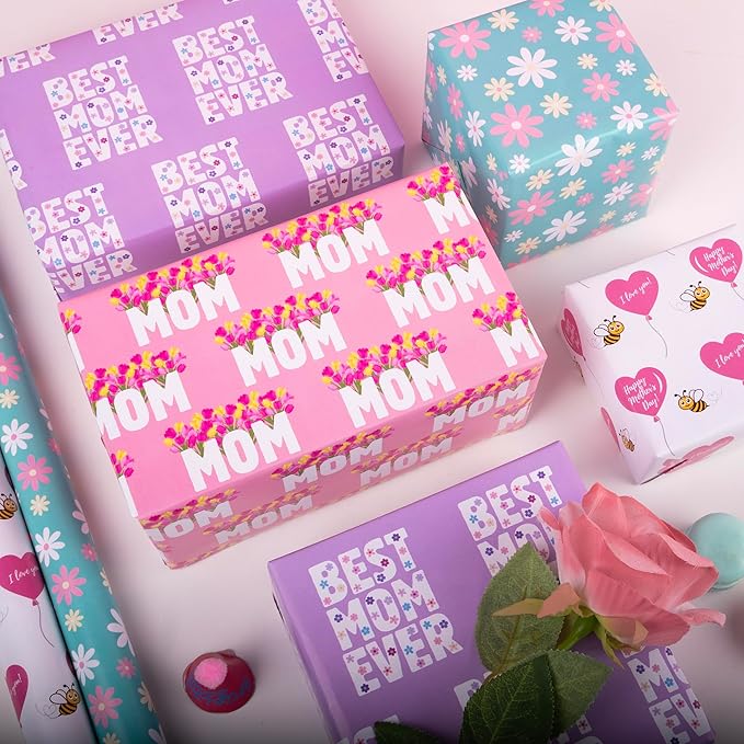 Altarho Mother's Day Wrapping Paper Sheet for Mom Women - Floral Best Mom Ever Words Design Folded Flat for Mother's Day Birthday Party - 20 Inch X 28 Inch Per Sheet(8 Sheets)