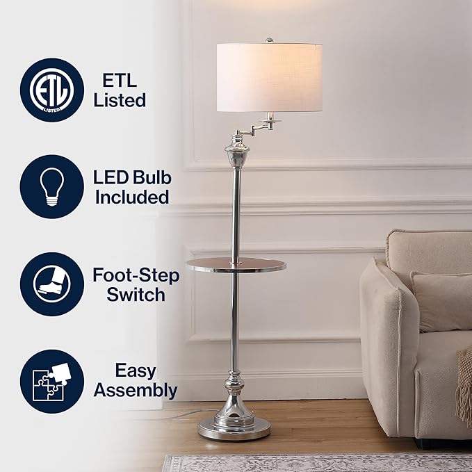 JONATHAN Y 60" Chrome Swing Arm Wood Integrated Side Tray Candlestick Tray Table Floor Lamp Traditional for Living Room Bedroom with White Linen Drum Shade LED Bulb Included JYL3055E