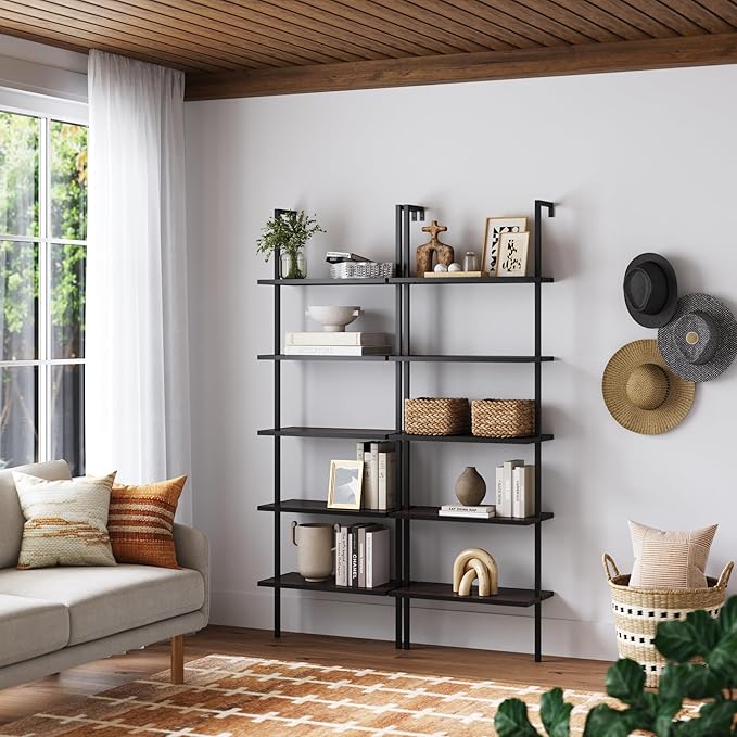 Nathan James Theo 5-Shelf Wood Modern Bookcase, Open Wall Mount Ladder Bookshelf with Industrial Metal Frame, Walnut Brown/Black, Set of 2