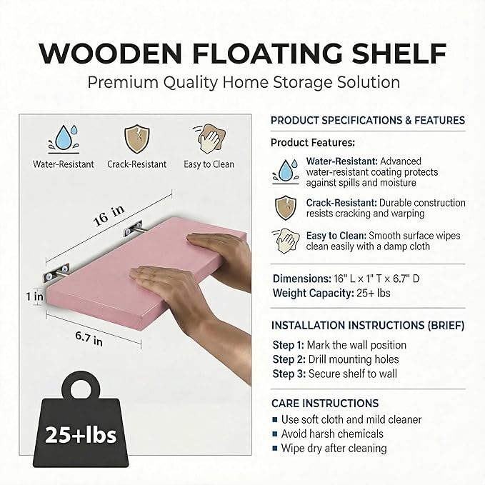 SAUMONIERES Floating Shelves Wall Shelf Solid Wood for Bathroom Bedroom Kitchen Set of 3, Pink Wall Shelves