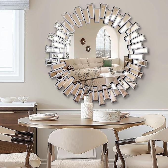 QDSSDECO Round Mirror Sunburst Wall Mirror 31.5" Beveled Edge Frameless for Living Room Bathroom Bedroom Entryway Decor