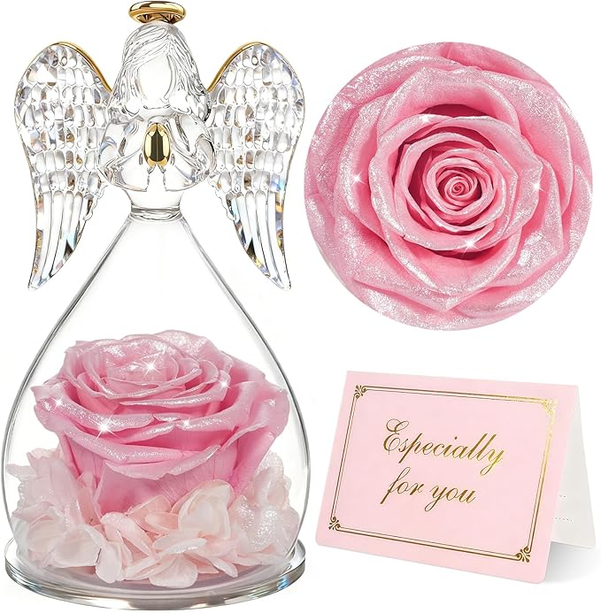 Yamonic Mom Birthday Gifts for Mom, Glass Angel Figurines with Real Rose Gifts for Moms Grandma, Preserved Flowers Real Rose Mothers Day Birthday Valentine’s Day Angel Gifts for Women Her(Pearl Pink)