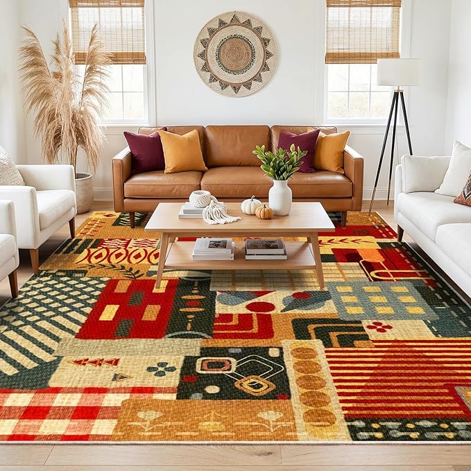 6x9 Abstract Tribal Patchwork Area Rug, Boho Patchwork Colorful Rugs for Living Room, Modern Memphis-Inspired Throw Carpet, Washable Non-Slip Low Pile Rug for Dining Room Office Bedroom Dining Room
