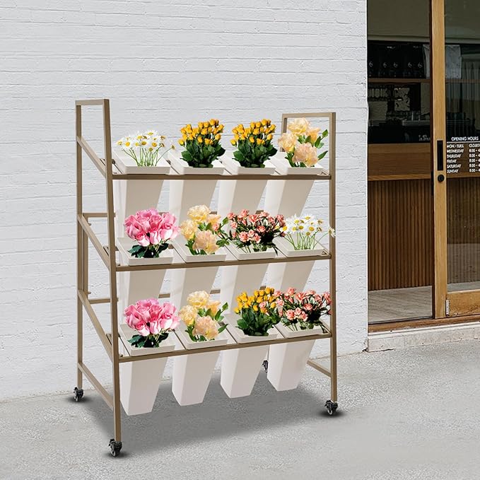 3-Layers Flower Display Stand Metal Plant Holder with 12PCS Buckets Moving Plant Cart Shelf Flower Shelf for Florist Garden Patio,3.28 * 1.84 * 4.04ft (Gold Frame With White Buckets)