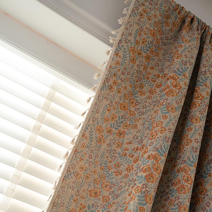 ENJOYBRIDAL Orange Floral Curtains 63 Inch Length Boho Light Filtering Drapes Short Vintage Jacquard Rod Pocket Window Curtains Semi Sheer Bedroom Living Room Tassel 2 Panels Set Window Treatments