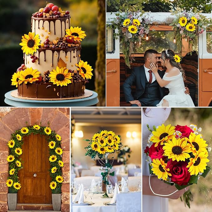 Artificial Sunflowers 23.6in 10 Bundles Total 30 Heads Fake Flowers Bouquet,Realistic Silk Artificial Yellow Sunflowers for Wedding Home Office Parties Summer Decoration
