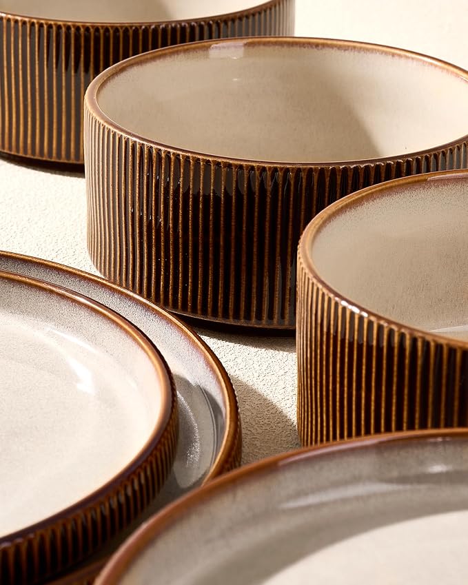 24-Piece Dinnerware Set Service for 8, Famiware Premium Stoneware Dish Set with Ribbed Plates and Deep Bowls, Double Reactive Glaze, Chip & Scratch Resistant, Microwave & Dishwasher Safe, Cream Cocoa