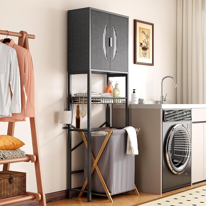 Kalrin Over The Toilet Storage Cabinet with Fluted Wave Doors and Adjustable Shelf, Wood Over Toilet Storage Rack with Drain Basket, Freestanding Bathroom Organizer for Balcony Laundry, Pure Black