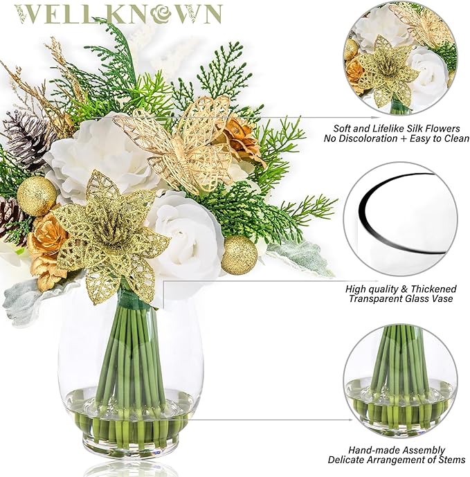 Fake Flowers in Vase, Golden Shimmer Poinsettia & Butterfly, Artificial Rose Flowers Arrangement Centerpiece for Dining Table Wedding Party Fall Winter Home Christmas Decor Gift (Gold White & Green)