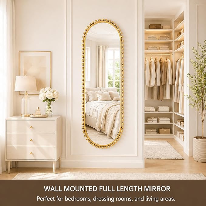20"x53" Long Oval Full Length Wall Mounted Mirror, Antique Gold Beaded Metal Frame Large Decorative Wall Mirror, Vertical or Horizontal Hanging Tall Entryway Bedroom Living Room