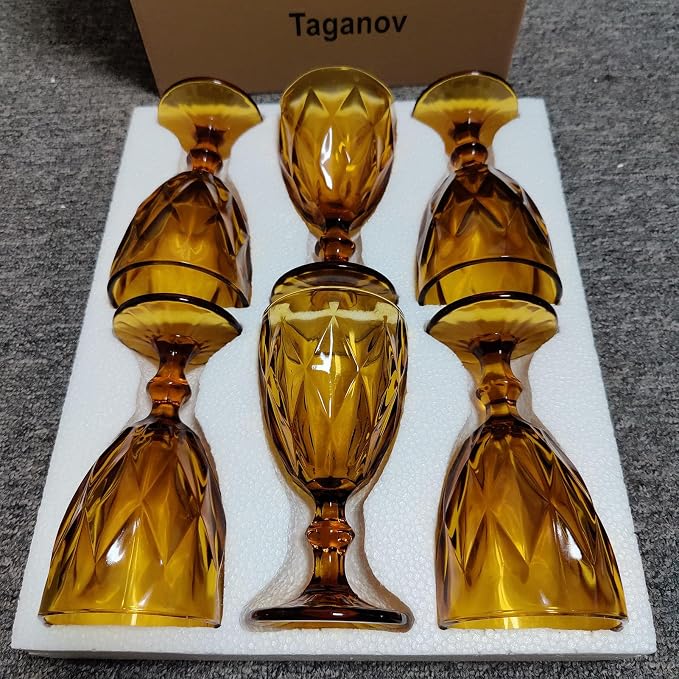 Taganov Amber Wine Glasses set of 6 Vintage Glassware Drinking Goblets 10 oz for Wedding Party Bar Pretty Colored Water Red Drinking Glasses