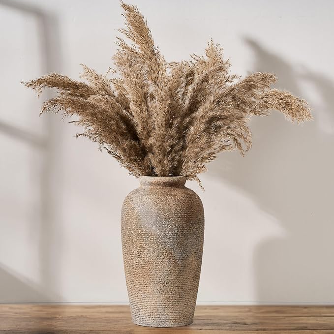 Large Ceramic Rustic Vase, 11 inch Minimalist Decorative Vase, Farmhouse Tall Wood Colored for Home Decor, Living Room, Shelf Decor, Enterway, Table Decoration, Brown