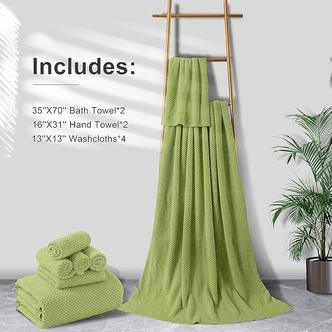 8-Piece Bath Towel Set, 2 Extra Large Bath Towel Sheets, 2 Hand Towels and 4 Washcloths - Highly Absorbent Quick Dry Microfiber,Ultra Soft Towel Set for Bathroom, Waffle Weave, Pack of 8 (Olive)