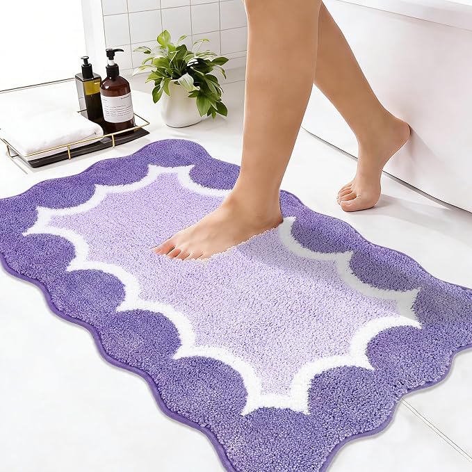 Cute Scalloped Purple Bathroom Rugs Mat,Non Slip Absorbent Quick Dry Bath Mats for Shower Room,Microfiber Bath Mats for Bathroom Floor Washable Carpet for Shower Tub Sink Bedroom,20"x32"