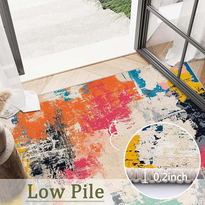 6x9 Colorful Area Rug Modern Abstract Beige Orange Yellow Pink Blue Black White Grey Rug Bedroom Low Pile Thin Large Carpet Living Room Non Slip Dining Room Stain Resistant Office Washable Machine