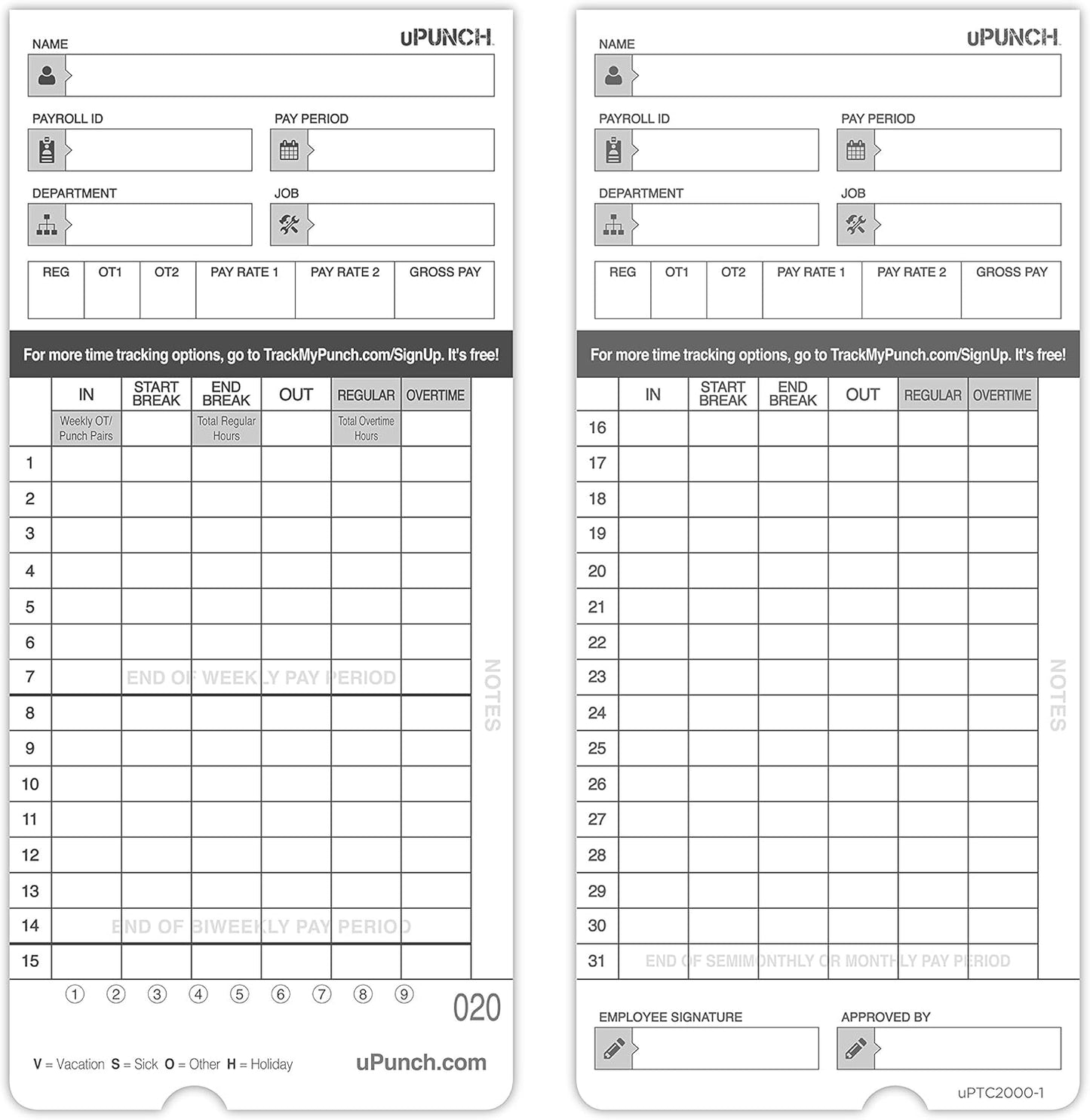 uPunch Time Cards - 50 Pack for HN4000 | Durable and Reliable Timekeeping Solution