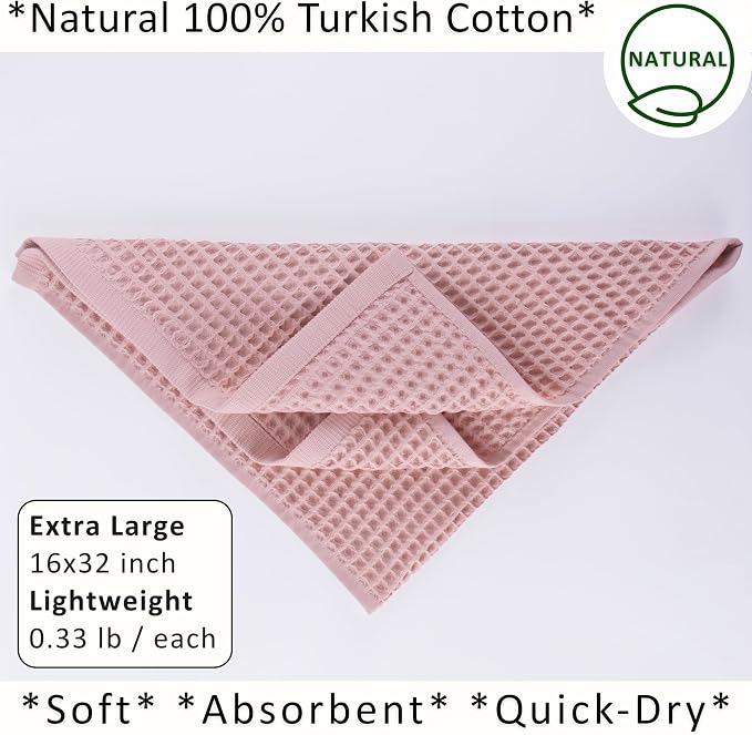 PÜSKÜL Natural 100% Turkish Cotton Waffle Kitchen Towels Set of 3 | Oeko-Tex, Premium Waffle Hand Towels for Bathroom | Soft Absorbent Quick-Dry Lint-Free Dish Towel Large 32x16 inch (3, Pink Powder)