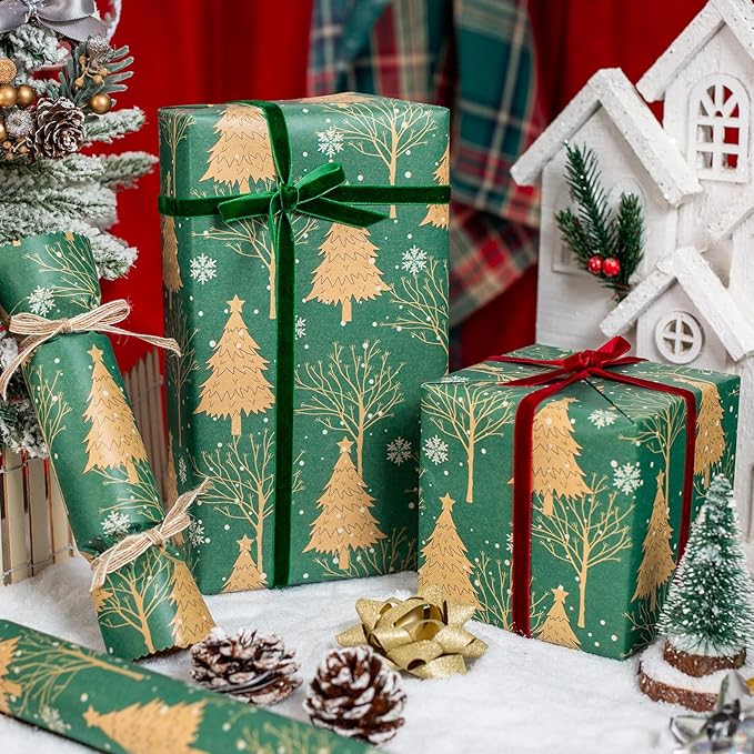 MAYPLUSS Green Kraft Christmas Wrapping Paper - 17Inch X 33Feet - Recyclable Festival Holiday Winter Woodland Matte Green Christmas Tree Kraft Gift Wrap Paper for Holiday, Party Decor, Celebration