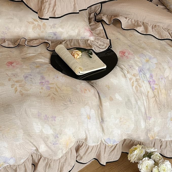 VM VOUGEMARKET Vintage Flower Duvet Cover Set King Ruffled Linen Gauze Duvet Cover with 2 Pillow Shams Soft Breathable Muslin Cotton Bedding Set-Ivory