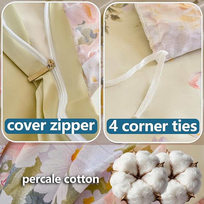 Ruffle Floral Duvet Cover Set 100% Cotton King Size, Shabby Blush Pink Cream Rose Comforter Cover, Satin Weave, Soft & Breathable, French Country Cottagecore Bedding 3Pcs-Not Comforter