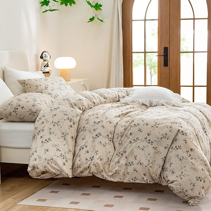 Floral Queen Comforter Set 3 Pieces Soft Chic Garden Style Floral Print Lightweight Vintage Botanical Flowers Comforter Set for All Seasons 1 Comforter and 2 Pillowcases