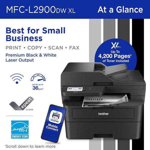 Brother MFC-L2900DW XL Wireless Monochrome All-in-One Laser Printer - Duplex Copy, Scan & Fax | 4,200 Pages Toner Included