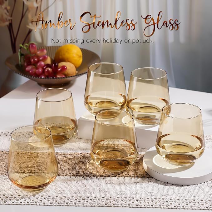 Amber Stemless Wine Glass Set of 6-17oz Wine Glasses, Stemless Drinking Glasses for Wine, Cocktails & Beverages - Elegant Glassware for Home, Bar & Holiday Use