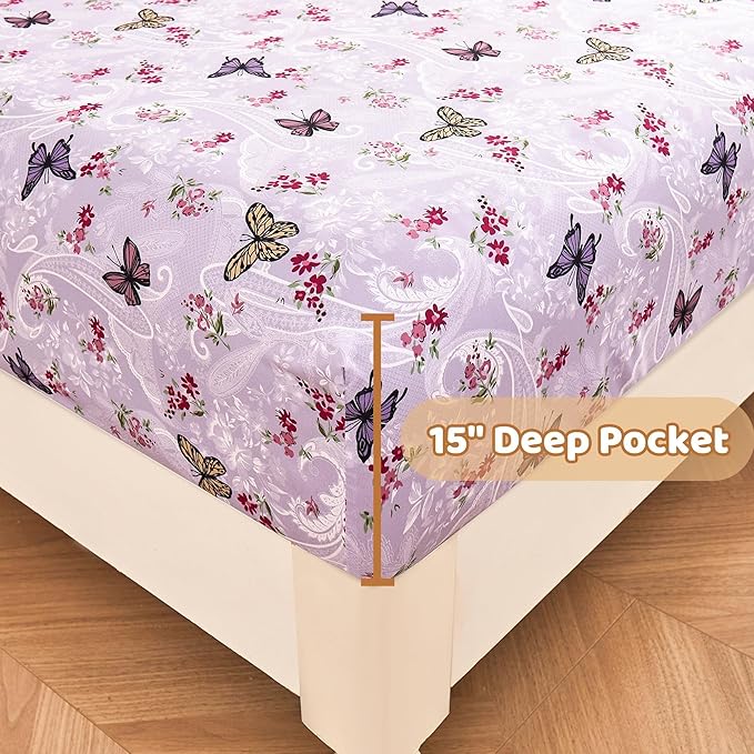 Paisley Floral Bed Sheets Queen Set, Purple Flower Printed Sheets for Queen Size Bed, Microfiber Fitted Sheet with 15" Deep Pocket and Corner Straps, Butterfly Patterned Sheet & Pillowcase Sets